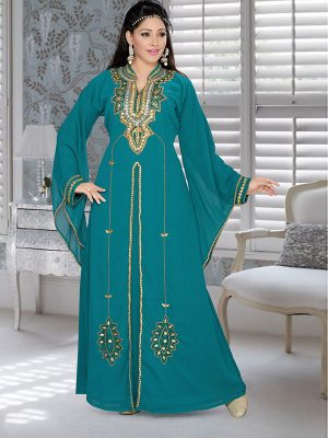 Teal Green Embroidered Faux Georgette Kaftan