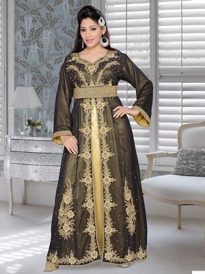 Black And Golden Satin Embroidered Faux Georgette Kaftan