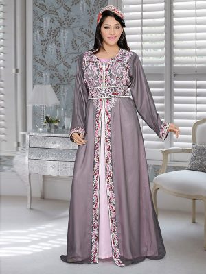 Grey And Baby Pink Satin Embroidered Faux Georgette Kaftan