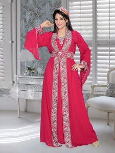 Fuchsia Pink Embroidered Faux Georgette Kaftan