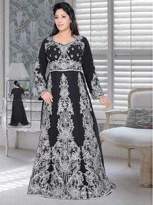 Black Embroidered Faux Georgette Kaftan