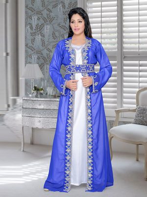 Royal Blue And White Satin Embroidered Faux Georgette Kaftan