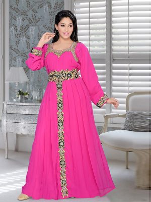 Fuchsia Pink Embroidered Faux Georgette Kaftan