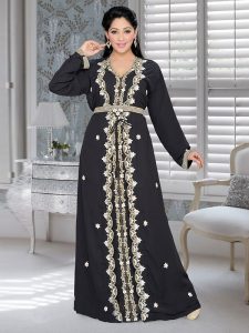 Black Embroidered Faux Georgette Kaftan