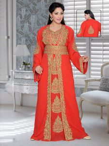 Red Embroidered Faux Georgette Kaftan