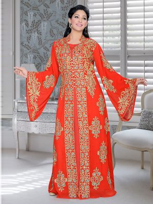 Red Embroidered Faux Georgette Kaftan