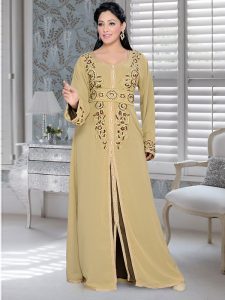Beige And Brown Satin Embroidered Faux Georgette Kaftan