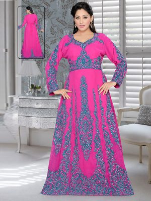 Fuchsia Pink Embroidered Faux Georgette Kaftan