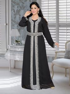 Black Embroidered Faux Georgette Kaftan