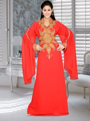 Red Embroidered Faux Georgette Kaftan