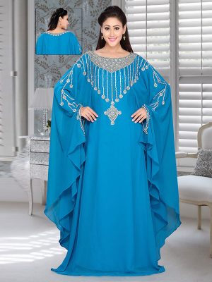 Turquoise Blue Embroidered Faux Georgette Farasha