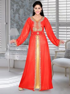 Red And Golden Satin Embroidered Faux Georgette Kaftan