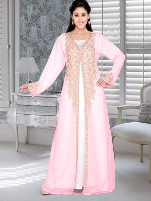 Baby Pink Embroidered Faux Georgette Kaftan