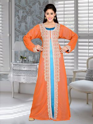 Orange And Turquoise Blue Satin Embroidered Faux Georgette Kaftan