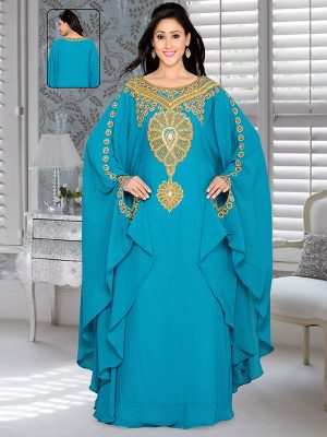 Turquoise Blue Embroidered Faux Georgette Farasha