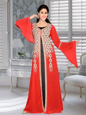 Red And Black Satin Embroidered Faux Georgette Kaftan