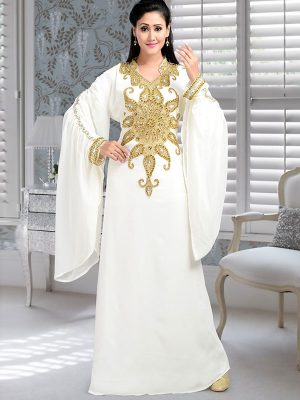 Off White Embroidered Faux Georgette Kaftan