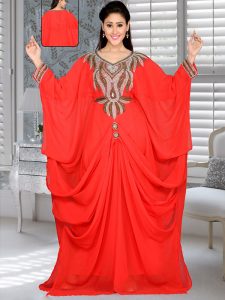 Red Embroidered Faux Georgette Farasha