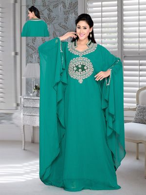 Teal Green Embroidered Faux Georgette Farasha