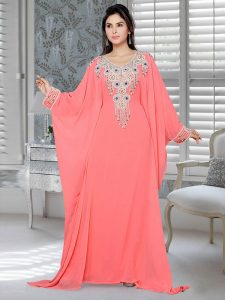 Coral Embroidered Faux Georgette Farasha