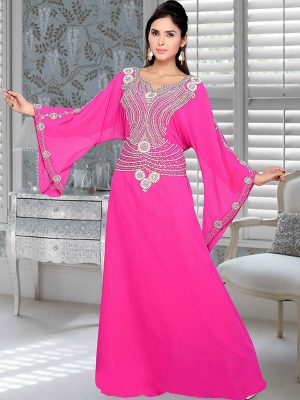 Fuchsia Pink Embroidered Faux Georgette Kaftan
