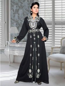 Black Embroidered Faux Georgette Kaftan