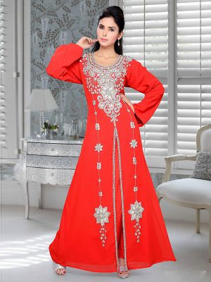 Red Embroidered Faux Georgette Kaftan