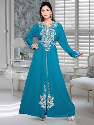 Turquoise Blue Embroidered Faux Georgette Kaftan