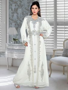 Off White Embroidered Faux Georgette Kaftan