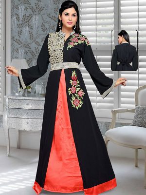 Black Embroidered Faux Georgette Kaftan