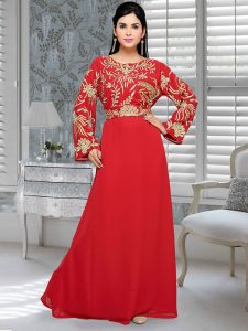 Red Embroidered Faux Georgette Kaftan