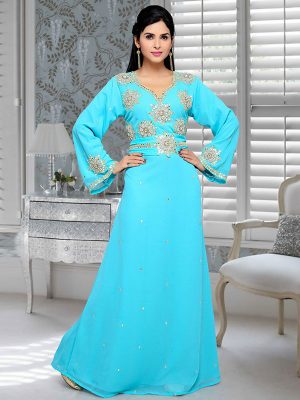 Blue Embroidered Faux Georgette Kaftan