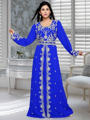 Royal Blue Embroidered Faux Georgette Kaftan