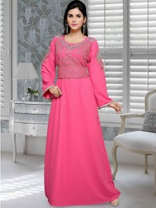 Pink Embroidered Faux Georgette Kaftan