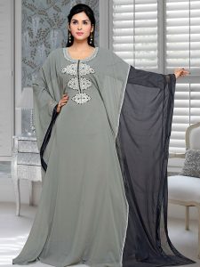 Black And Grey Embroidered Faux Georgette Farasha