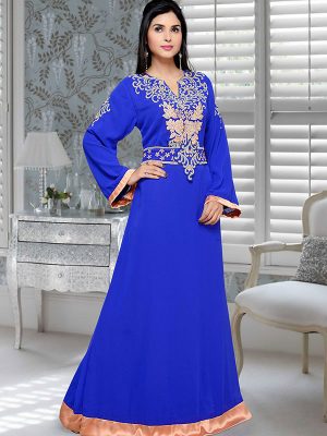 Royal Blue Embroidered Faux Georgette Kaftan