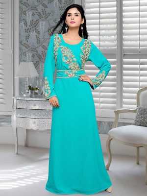 Sea Green Embroidered Faux Georgette Kaftan