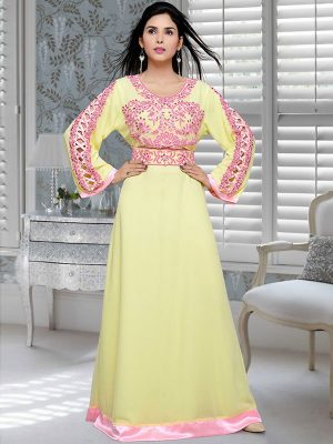Yellow And Pink Embroidered Faux Georgette Kaftan