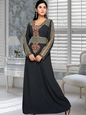 Black Embroidered Faux Georgette Kaftan