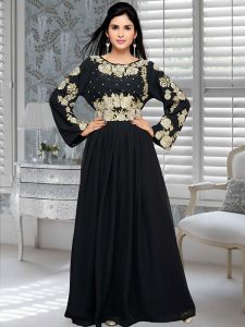 Black Embroidered Faux Georgette Kaftan