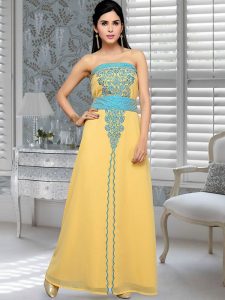 Beige Embroidered Faux Georgette Fustan