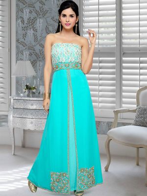 Sea Green Embroidered Faux Georgette Fustan