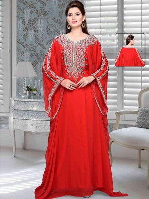 Red Embroidered Faux Georgette Farasha