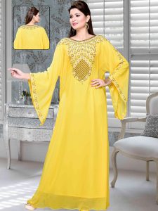 Yellow Embroidered Faux Georgette Kaftan