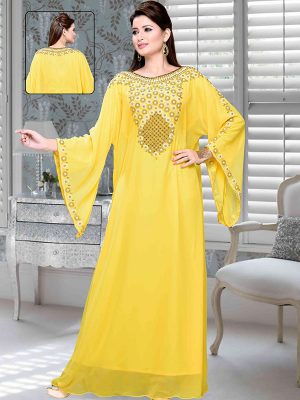 Yellow Embroidered Faux Georgette Kaftan