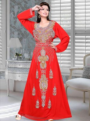 Red Embroidered Faux Georgette Kaftan