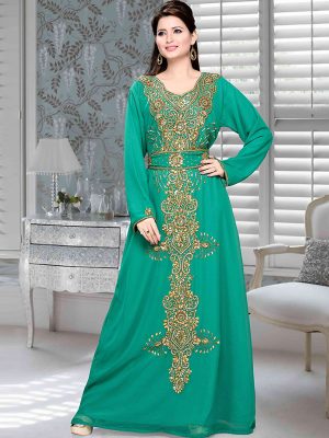 Green Embroidered Faux Georgette Kaftan