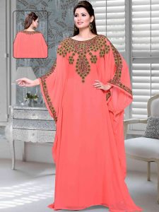 Coral Embroidered Faux Georgette Farasha