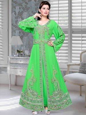 Parrot Green Embroidered Faux Georgette Kaftan