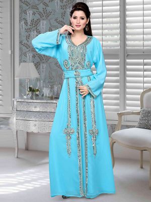 Sky Blue Embroidered Faux Georgette Kaftan